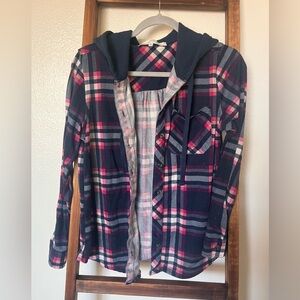 Eden & Olivia Maternity Plaid Hooded Button-Up Shirt Navy Pink White L